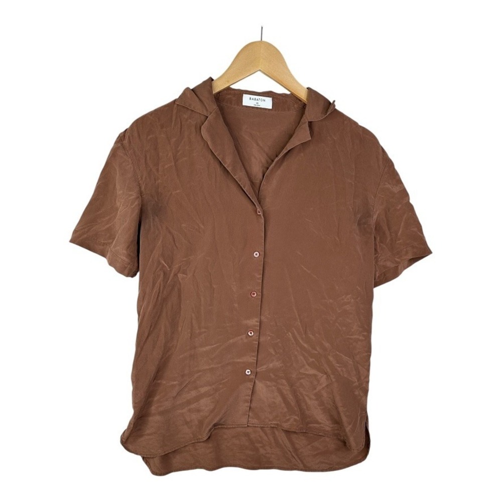 BABATON Womens Oversized Short Sleeve Silk Button Down Shirt size XS‎ Brown